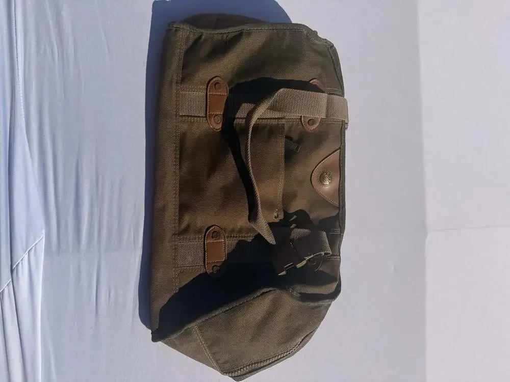 Adolfo Green Canvas Duffle Travel Bag with Plaid Lining and Leather Trim